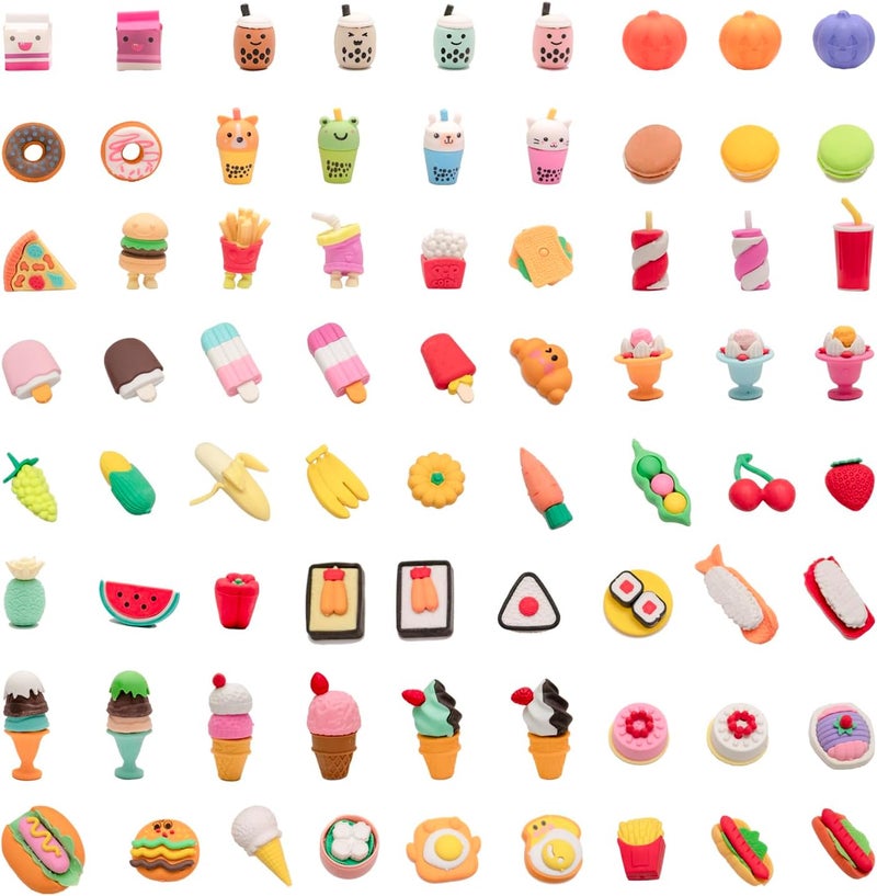 Clock King 72Pcs 3D Food Erasers for Kids, All are Food Styles, Random Desktop Pets Toys Gifts, Mini Puzzle Classroom Rewards, Kids Party Favors Back to School Supplies - Image 1